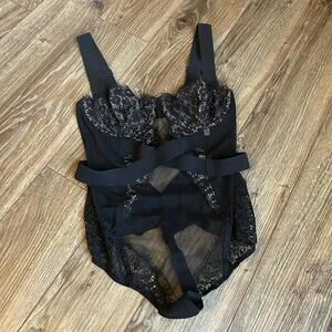 NWT Victoria's Secret 34B TEDDY ONE-PIECE BODYSUIT BLACK STRAPPY lace Whimsygoth